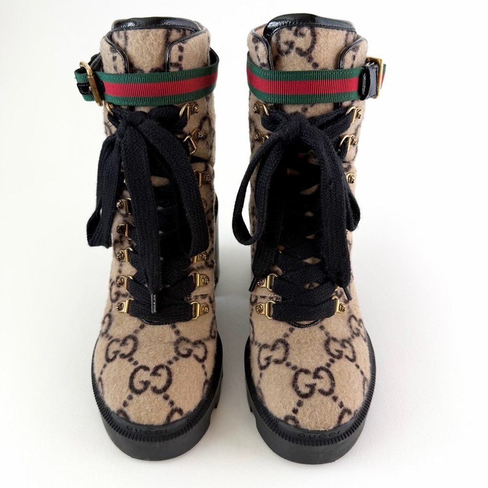 GUCCI | GG Wool Lug Sole Combat Boots Web Strap Ankle EU 38 - Picture 2 of 15